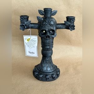 Skull With Flowers Candelabra With Light Halloween NWT
